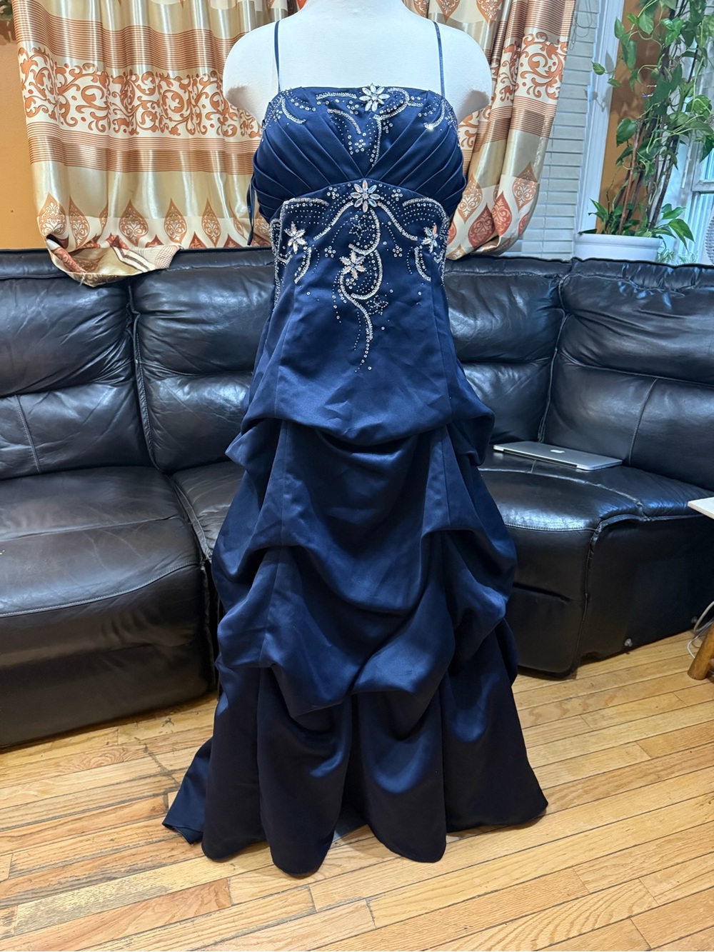 City Triangles navy blue beaded prom dress with silver beaded floral and scrollw